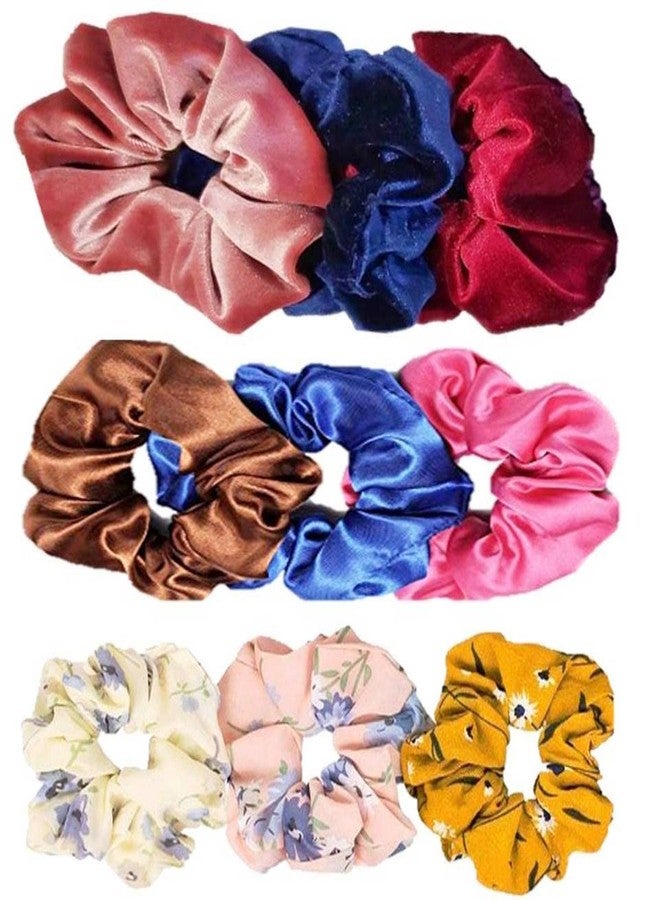 DIAN Multicolor Pack of 9 Hair Scrunchies, Hair Ponytail Holder, Hair Tie, Hair Bow, Hair Bands in Satin Solid, Velvet Fabric & Printed for Girl, Teens and Women - Image 1