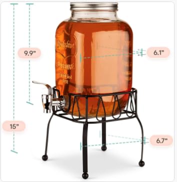 إستلو موزع مشروبات زجاجي من Estilo مع حامل - موزع مشروبات زجاجي سعة 1 جالون مع حامل - سطح موزع مياه زجاجي لحفلات الزفاف - وعاء شاي شمس مع حنفية 1 جالون - موزع عصير الليمون Est3088 - Image 3