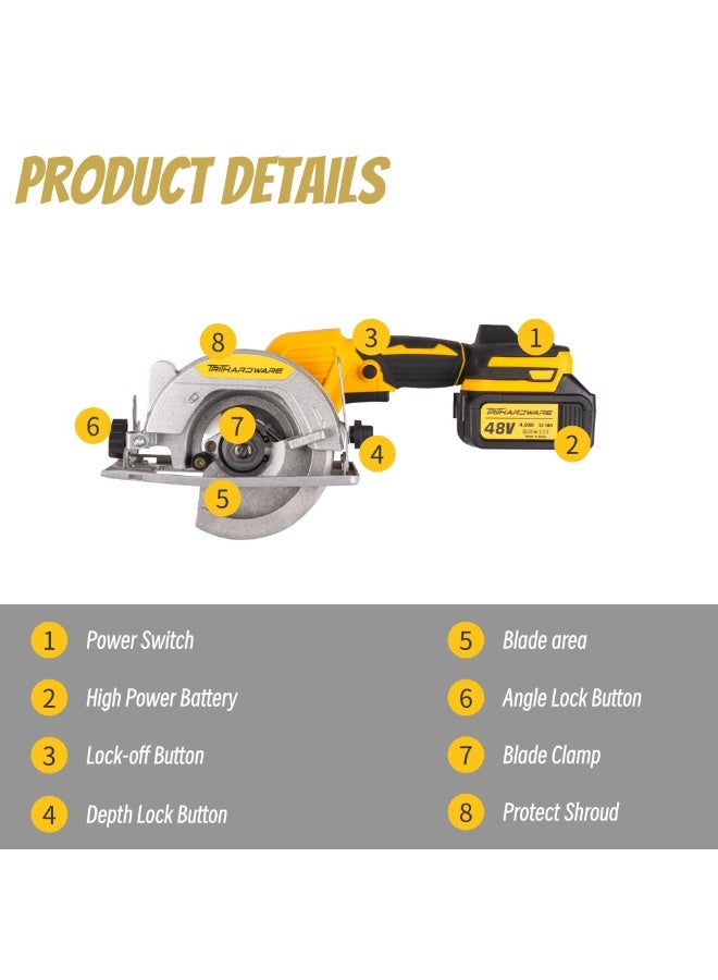 TriThardware 48V 5Inch Cordless Circular Saw with 2pcs Batteries, Power Wood Saw with Brushless Motor, 0-45° Cutting Bevel, Max Cutting Depth 1.6"(90°), 1.28"(45°), Idea for Wood, Plastic, Soft Metal-Yellow Color  - Image 3