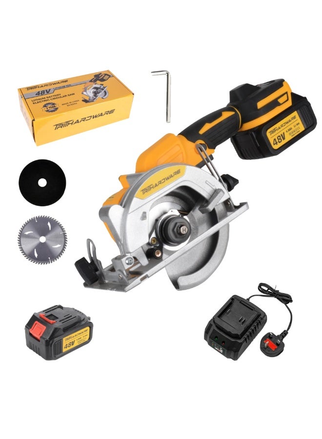 TriThardware 48V 5Inch Cordless Circular Saw with 2pcs Batteries, Power Wood Saw with Brushless Motor, 0-45° Cutting Bevel, Max Cutting Depth 1.6"(90°), 1.28"(45°), Idea for Wood, Plastic, Soft Metal-Yellow Color  - Image 1