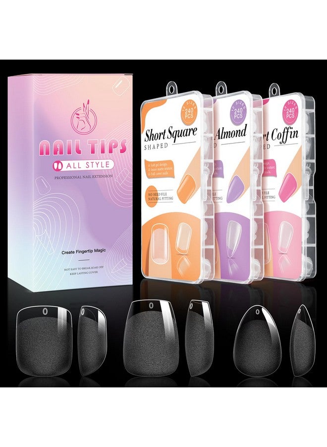 krofaue 3 Styles Short Nail Tips Kit 720Pcs Gel X Nail Tips Half Matte Coffin Nails Almond Nails Square Fake Nails Full Cover Press On Nails Extension For Soft Gel Nail Tips Set Art Diy Home Gifts - Image 1