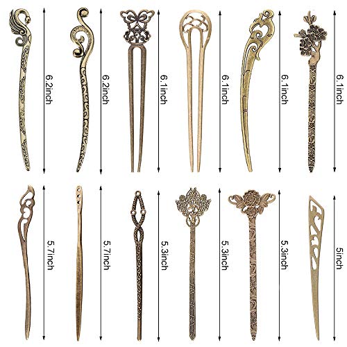 AUHOKY 12 Pieces Chinese Women Hair Sticks, AUHOKY 12 Styles Vintage Bronze Decorative Hair Pin Chopsticks, Antique Retro Hair Forks for Hair DIY Accessory - Image 3