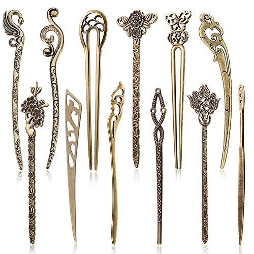 AUHOKY 12 Pieces Chinese Women Hair Sticks, AUHOKY 12 Styles Vintage Bronze Decorative Hair Pin Chopsticks, Antique Retro Hair Forks for Hair DIY Accessory - Image 1