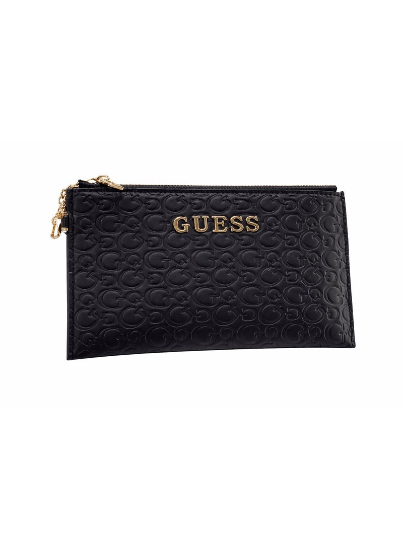 GUESS Black Embossed Logo Wristlet Pouch with Gold-Tone Hardware