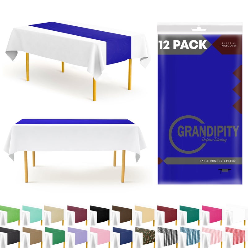 Blue 12 Pack Premium Disposable Plastic Table Runner 14 x 108 Inch Table Runner for Dinner Parties  Events by Grandipity