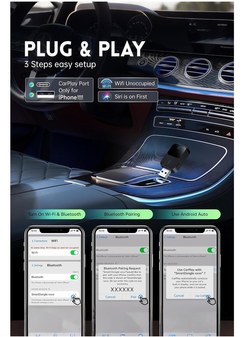 Generic 2025 New,Wireless CarPlay Adapter- Mini Edition, Wired to Wireless for OEM Cars Wired Carplay/Android auto Dual mode Plug&Play FOTA Wireless Adapter for Apple iPhone iOS 10+ & Cars from 2015  - Image 3