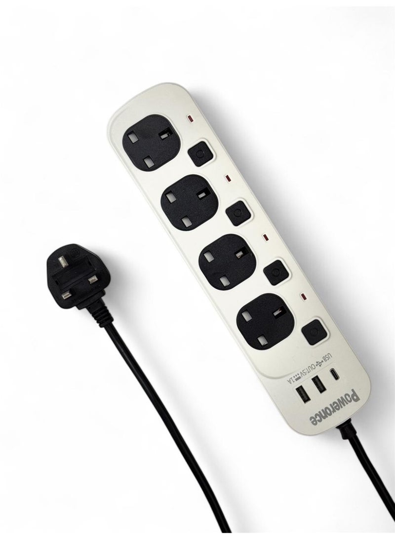 وصلة تمديد سلك باورونس 13 أمبير، 4 أسلاك، 3 أمتار، مع مفتاح لكل سلك ومنفذي USB و1 من النوع C  - Image 1
