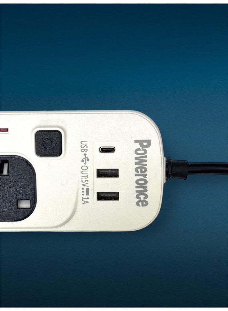 وصلة تمديد سلك باورونس 13 أمبير، 4 أسلاك، 3 أمتار، مع مفتاح لكل سلك ومنفذي USB و1 من النوع C  - Image 3