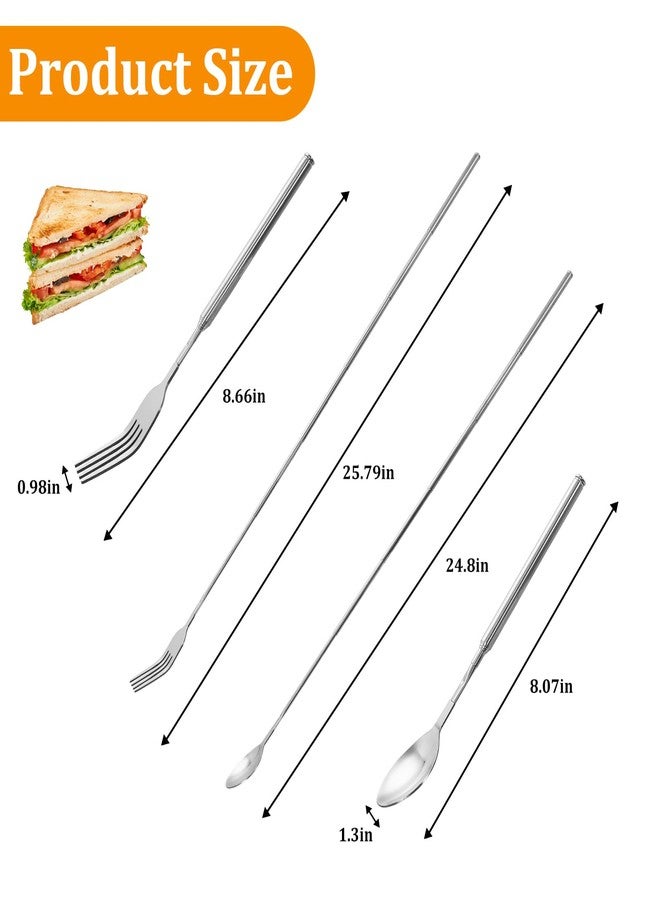 tokerut 4pcs Extendable Fork and Spoon Set, Stainless Steel Telescopic Extension Dinner Fork, Retractable BBQ Fruit Dessert Fork for Cooking, Outdoor, Picnic, Travel - Image 2