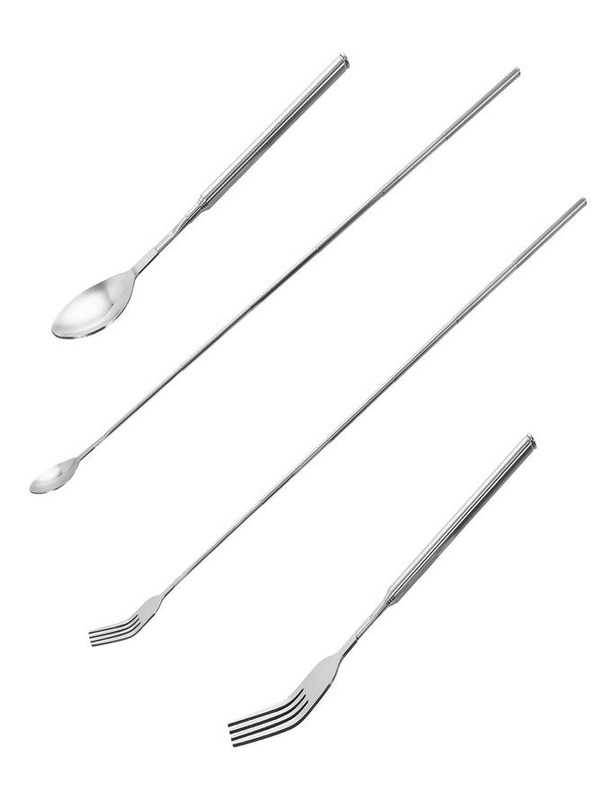 tokerut 4pcs Extendable Fork and Spoon Set, Stainless Steel Telescopic Extension Dinner Fork, Retractable BBQ Fruit Dessert Fork for Cooking, Outdoor, Picnic, Travel - Image 1