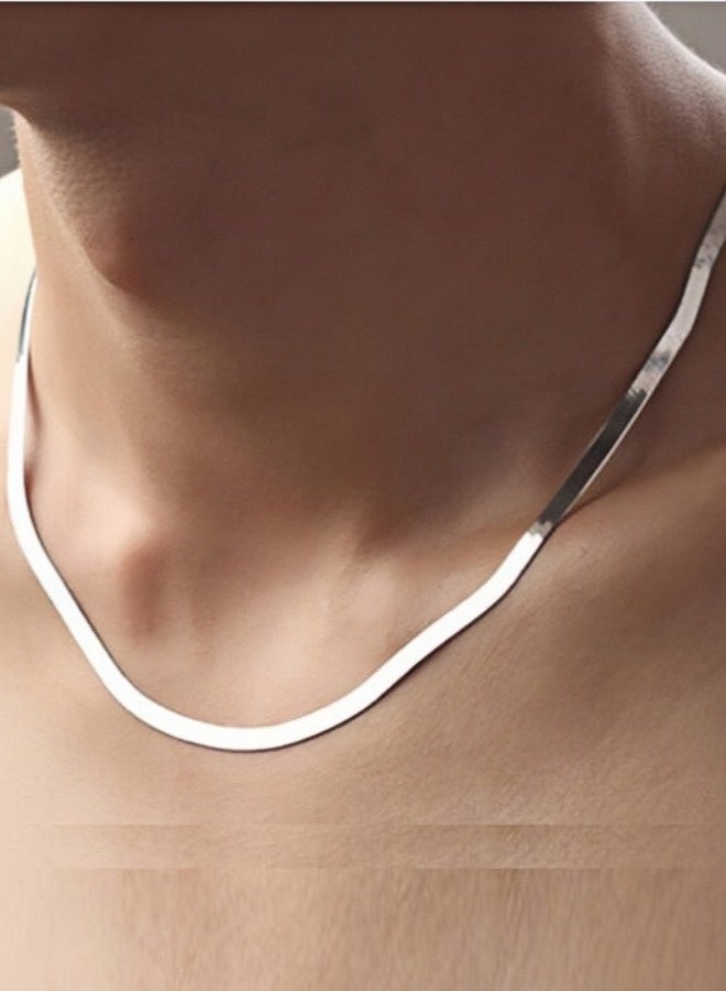 PORSTOO 925 Silver Plated 4mm Flat Snake Bone Necklace For Men And Women, Rust Free, Especially Suitable As A Gift For Giving Stainless Steel Accessories (Silver, 60cm/24in) - Image 1