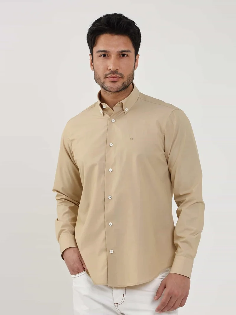 Dufy Camel Men's Regular Fit Plain Brent Button-down Collar Long Sleeve Shirt - 102274
