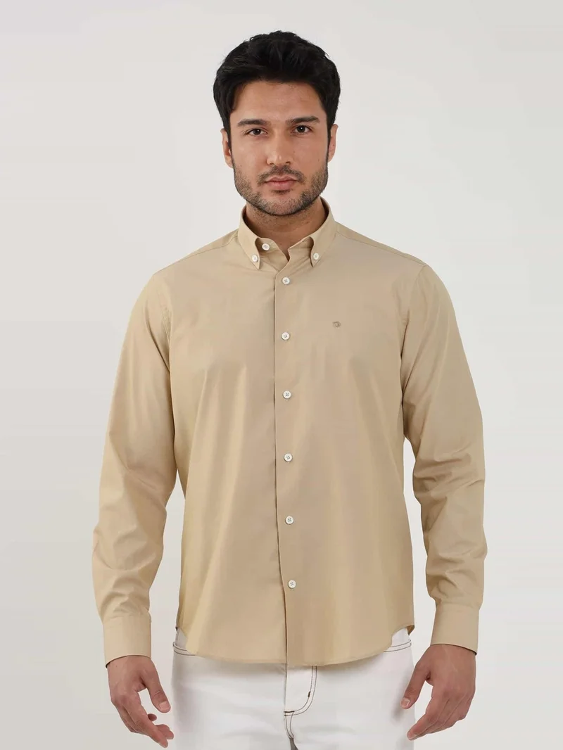 Dufy Camel Men's Regular Fit Plain Brent Button-down Collar Long Sleeve Shirt - 102274