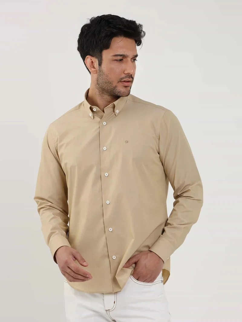 Dufy Camel Men's Regular Fit Plain Brent Button-down Collar Long Sleeve Shirt - 102274