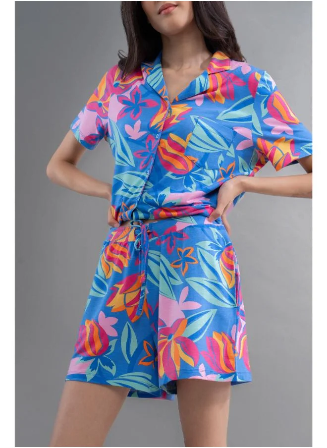 نسيسير Hawaii Flower Modal Blue Shorts Set