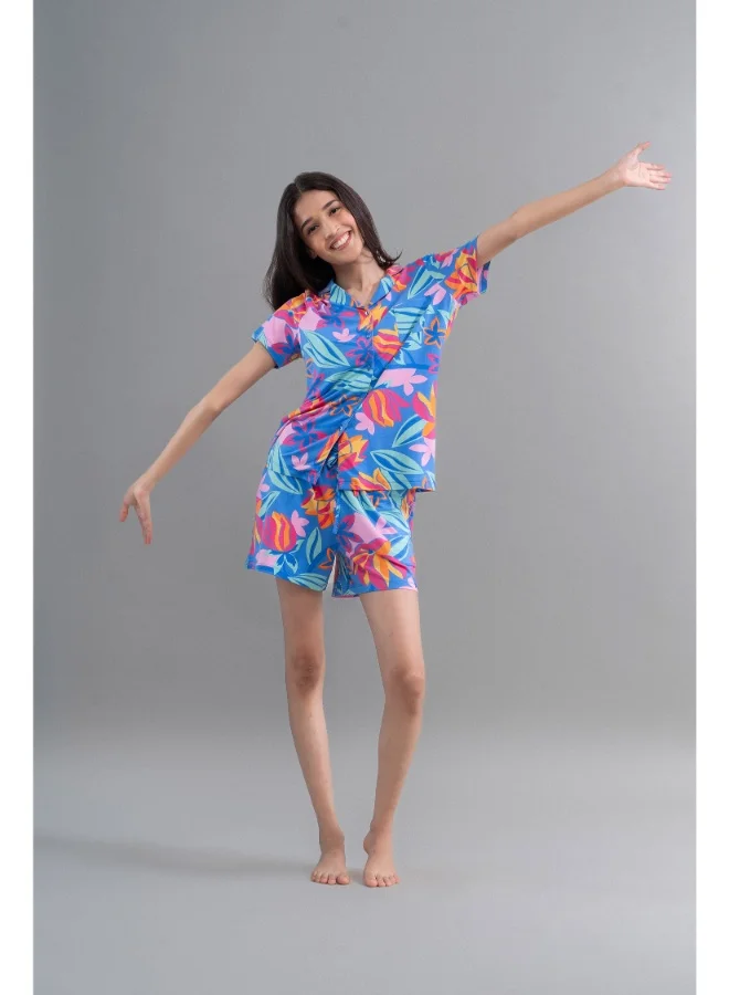 NeceSera Hawaii Flower Modal Blue Shorts Set
