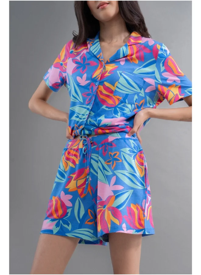 NeceSera Hawaii Flower Modal Blue Shorts Set