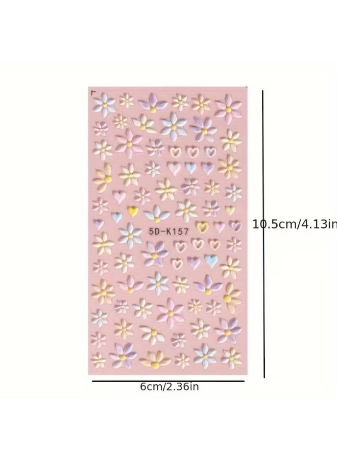 Goolsky ملصقات أظافر مزخرفة 5D على شكل زهور وقلوب، ملصقات فنية ملونة لأظافر الربيع بألوان باهتة - Image 2