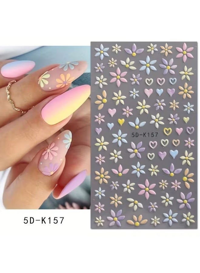 Goolsky ملصقات أظافر مزخرفة 5D على شكل زهور وقلوب، ملصقات فنية ملونة لأظافر الربيع بألوان باهتة - Image 3