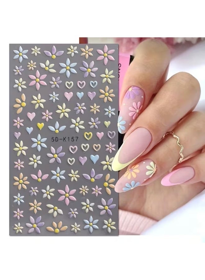 Goolsky ملصقات أظافر مزخرفة 5D على شكل زهور وقلوب، ملصقات فنية ملونة لأظافر الربيع بألوان باهتة - Image 4