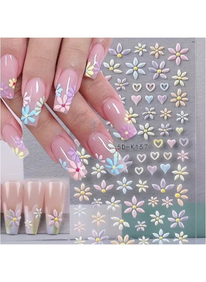 Goolsky ملصقات أظافر مزخرفة 5D على شكل زهور وقلوب، ملصقات فنية ملونة لأظافر الربيع بألوان باهتة - Image 1