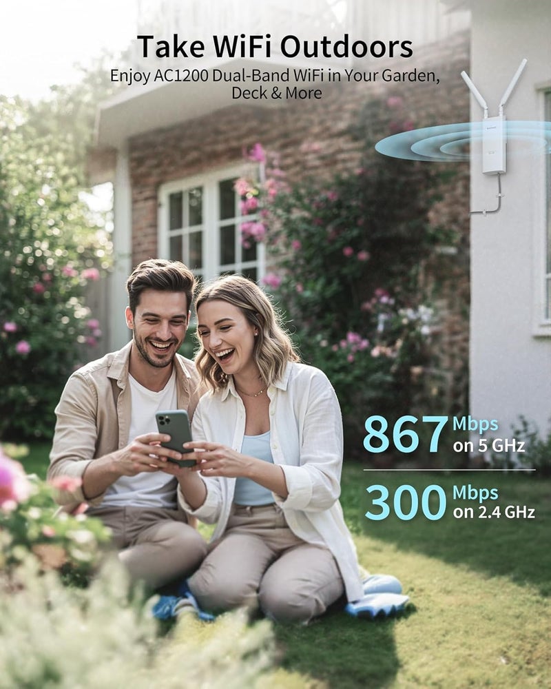 BrosTrend موسع WiFi خارجي طويل المدى BrosTrend AC1200، مكرر WiFi خارجي جيجابت مقاوم للعوامل الجوية IP65، ثنائي النطاق 5GHz + 2.4GHz، يعمل بتقنية PoE، مع محقن PoE سلبي، معزز إشارة للحديقة والفناء وما إلى ذلك - Image 3
