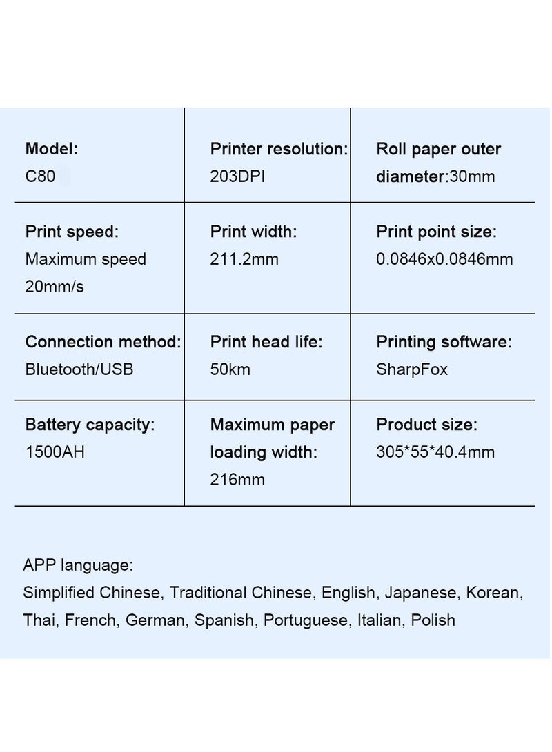 A4 Portable Bluetooth Thermal Printer with APP Control - Fast Inkless Printing for Mobile & Computer, Supports Word/TXT/PDF Files, Android/iOS Compatibility