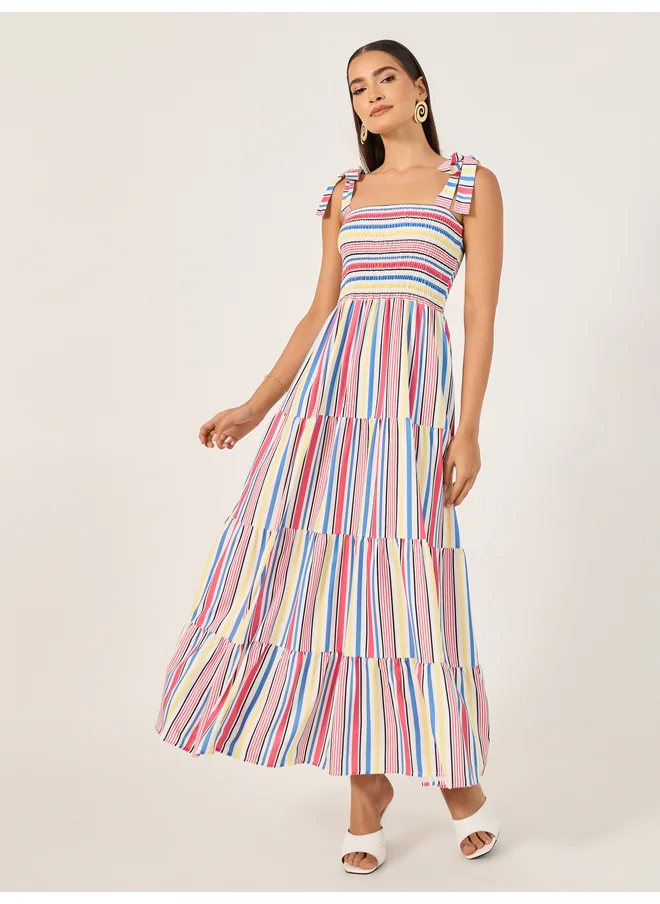 Styli Styli Striped Shirred Tiered Midi Dress