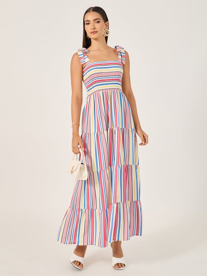 Styli Striped Smocked Maxi Dress  - Image 3