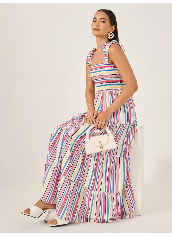 Styli Styli Striped Shirred Tiered Midi Dress