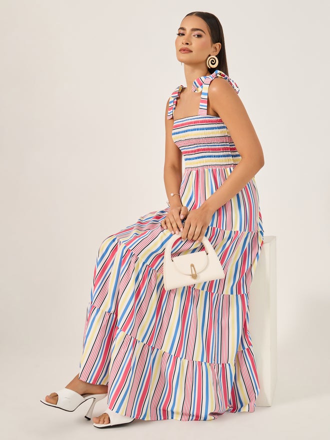 Styli Striped Smocked Maxi Dress  - Image 1