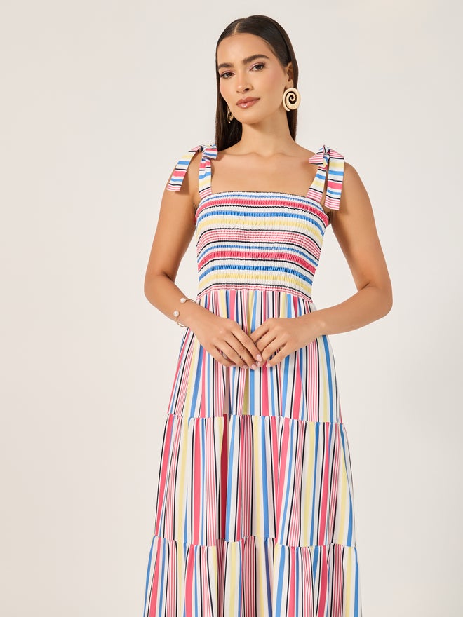 Styli Striped Smocked Maxi Dress  - Image 4