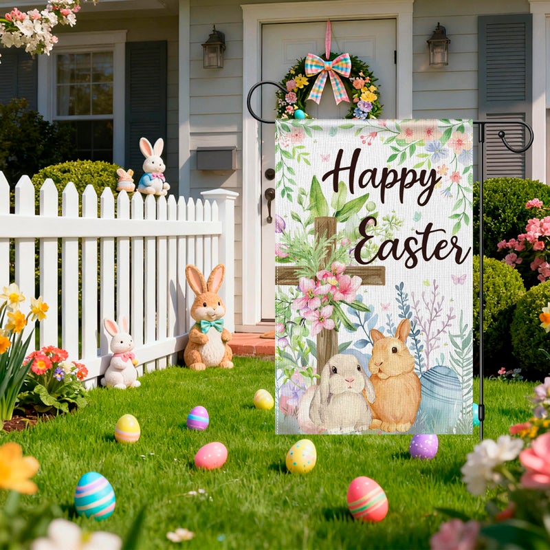 OHOME Easter Decorations - Happy Easter Garden Flag | Easter Party Decorations for Indoor Outdoor Outside - Easter Garland Banner for Front Door | Easter Backdrop Wreath for Window Wall - Easter Decor - Image 3