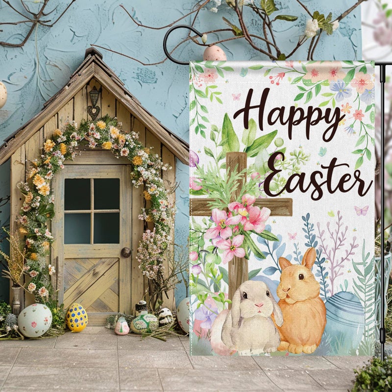 OHOME Easter Decorations - Happy Easter Garden Flag | Easter Party Decorations for Indoor Outdoor Outside - Easter Garland Banner for Front Door | Easter Backdrop Wreath for Window Wall - Easter Decor - Image 5