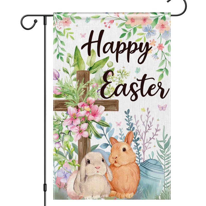 OHOME Easter Decorations - Happy Easter Garden Flag | Easter Party Decorations for Indoor Outdoor Outside - Easter Garland Banner for Front Door | Easter Backdrop Wreath for Window Wall - Easter Decor - Image 1