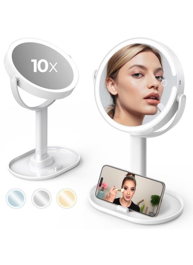 LitBear 8" Large Lighted Makeup Mirror With 10X/1X Magnification, Rechargeable 4000Mah Vanity Mirror, Bright Makeup Mirror With Light, 3 Colors, Brightness Adjustable, 360° Rotation Double Sided Mirror  - Image 1