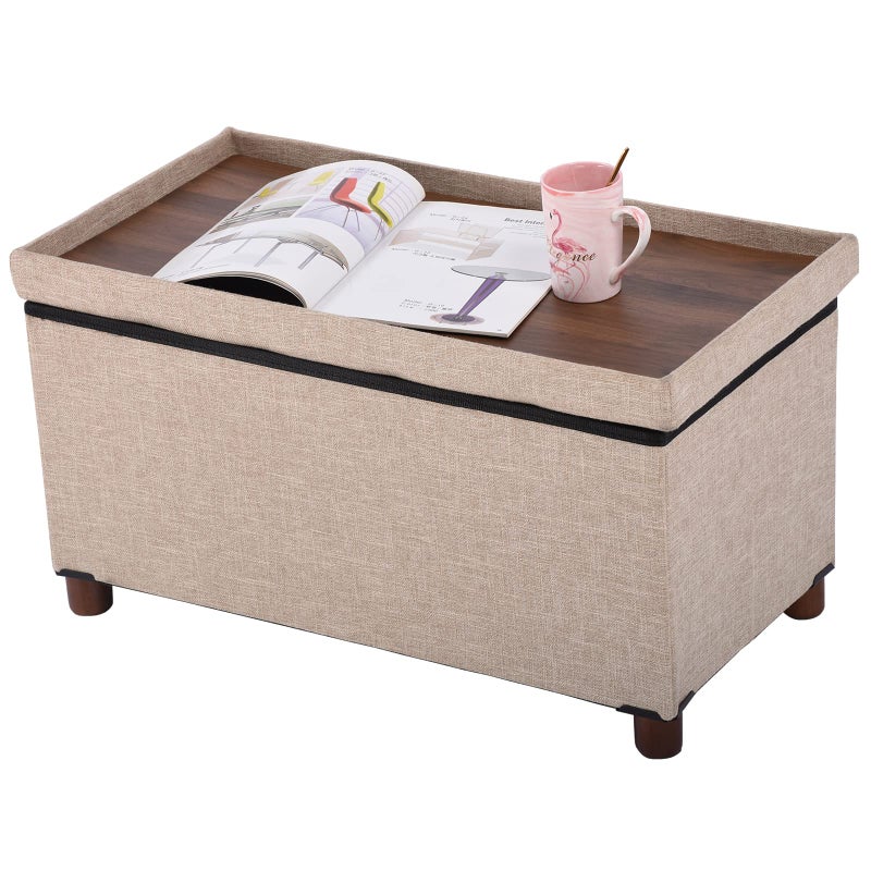 Ao Lei 30 Inches Storage Ottoman Bench Storage Bench with Wooden Legs for Living Room Ottoman Foot Rest Removeable Lid for Bedroom End of Bed Linen Fabric Folding Beige Ottoman