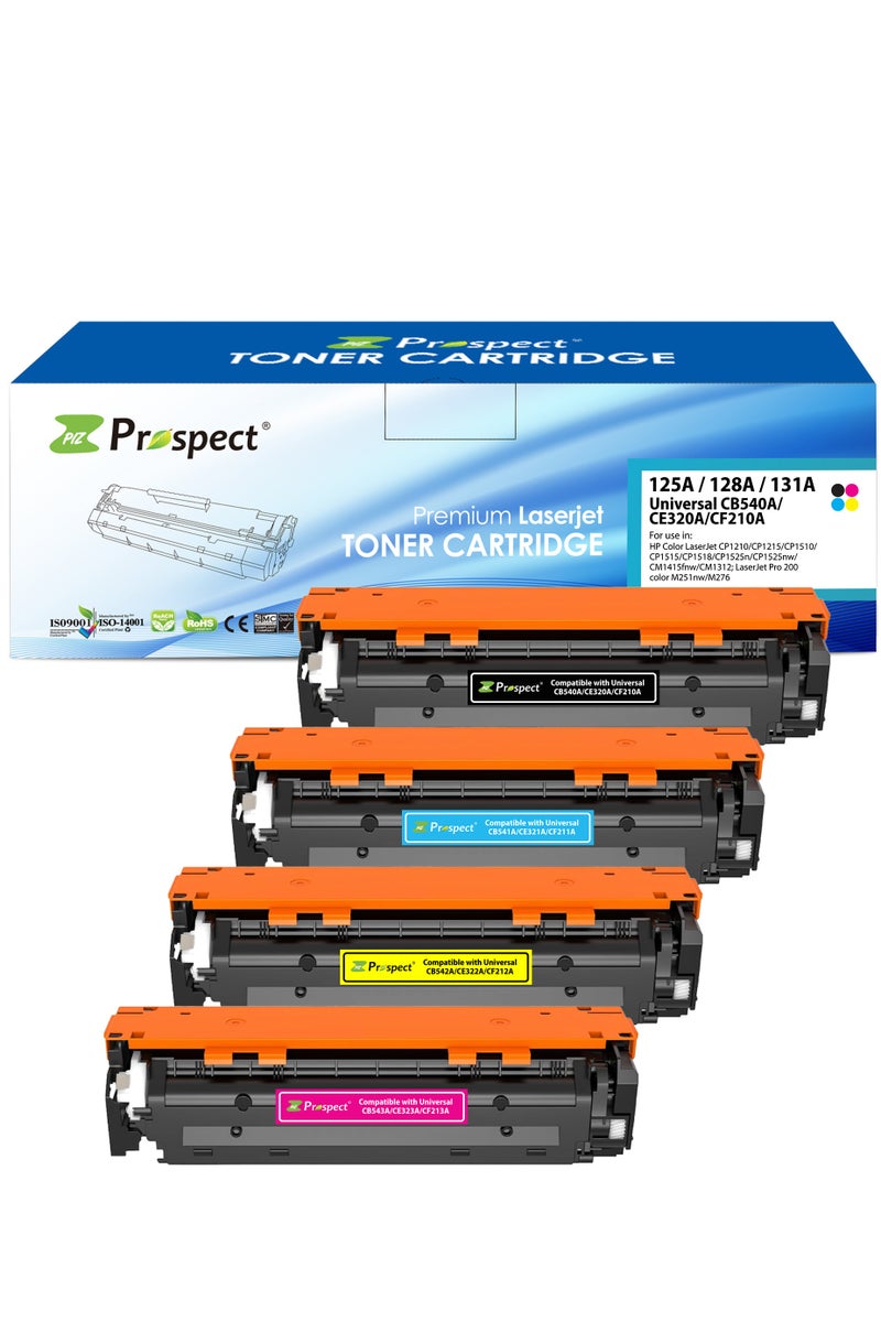 Prospect Toner Cartridge 131A 128A 125A  Full Set 131A CB540A CB541A CB542A CB543A / 128A CE320A CE321A CE322A CE323A / 125A CF210A CF211A CF212A CF213A Compatible with HP Color LaserJet CP1210 CP1215 CP1510 CP1515 CP1518 CP1525n  CP1525nw CM1415fnw CM1312 LaserJet Pro 200 color M251nw M276 (Black Cyan Yellow Magenta 4-Pack) - Image 1