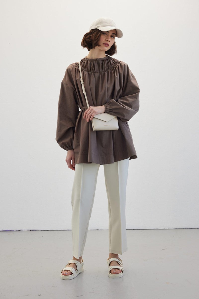 Manuka Collar Gathered Tunic Brown  - Image 1