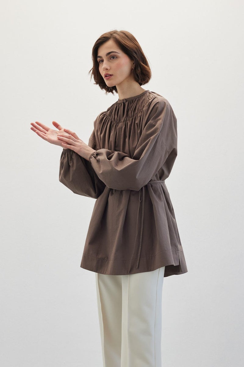 Manuka Collar Gathered Tunic Brown  - Image 3
