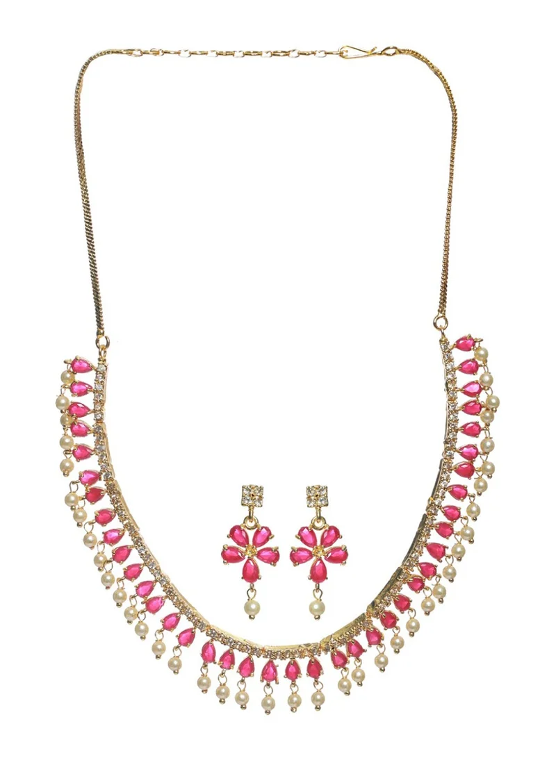 Priyaasi Women Red Floral Leaf Stone-Studded  White Beaded Jewellery Set