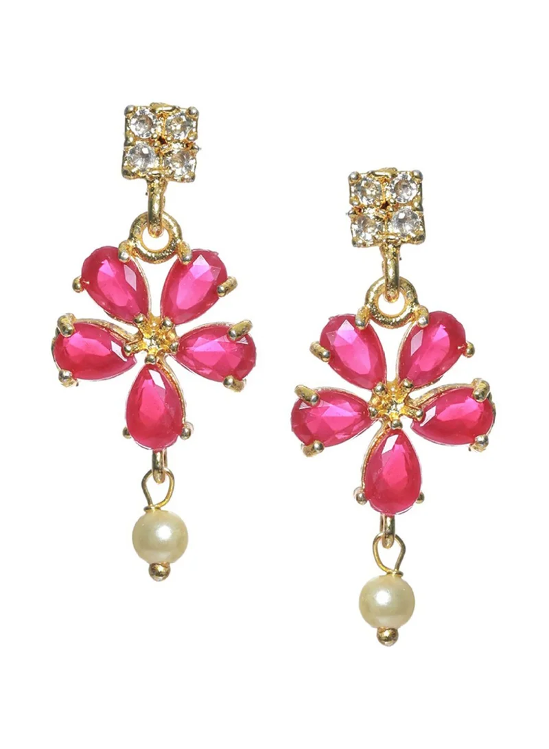Priyaasi Women Red Floral Leaf Stone-Studded  White Beaded Jewellery Set