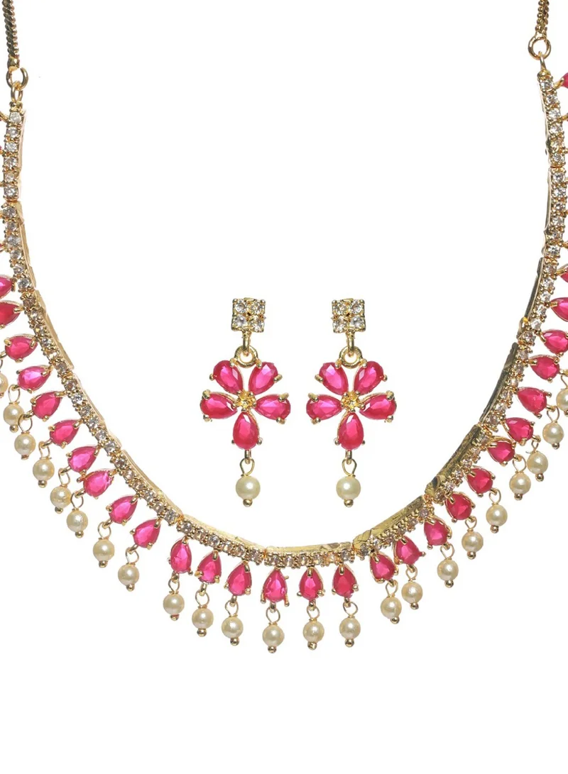 Priyaasi Women Red Floral Leaf Stone-Studded  White Beaded Jewellery Set