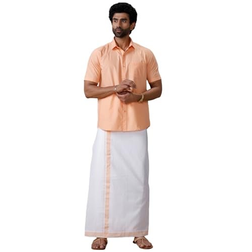 RAMRAJ COTTON Men Peach Half Sleeves Shirt With Matching Border Dhoti Set Trendy-GF3 - Image 1
