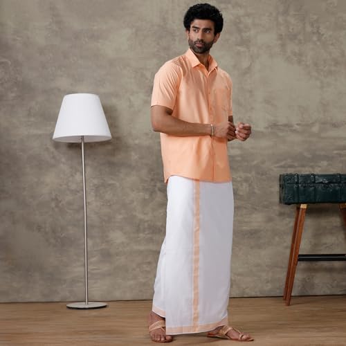RAMRAJ COTTON Men Peach Half Sleeves Shirt With Matching Border Dhoti Set Trendy-GF3 - Image 2