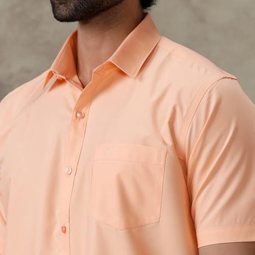 RAMRAJ COTTON Men Peach Half Sleeves Shirt With Matching Border Dhoti Set Trendy-GF3 - Image 4