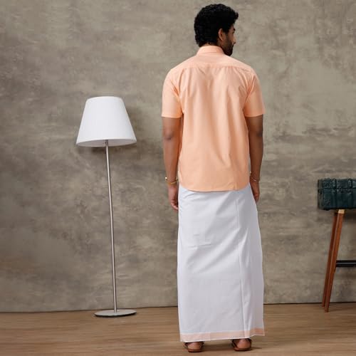 RAMRAJ COTTON Men Peach Half Sleeves Shirt With Matching Border Dhoti Set Trendy-GF3 - Image 3