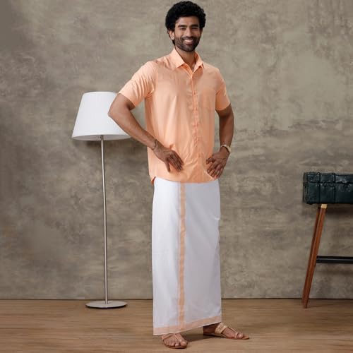 RAMRAJ COTTON Men Peach Half Sleeves Shirt With Matching Border Dhoti Set Trendy-GF3 - Image 5