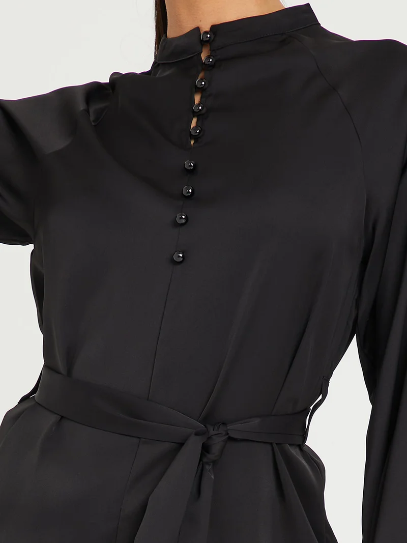 Styli Long Sleeves High Neck Button Front Blouse with Self Tie Up