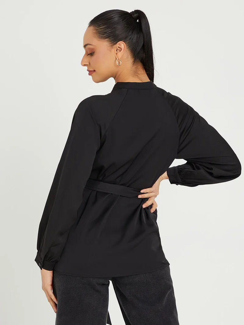 Styli Long Sleeves High Neck Button Front Blouse with Self Tie Up